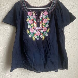 Talbots floral Embroidered Navy Blue Women's Top 2XP